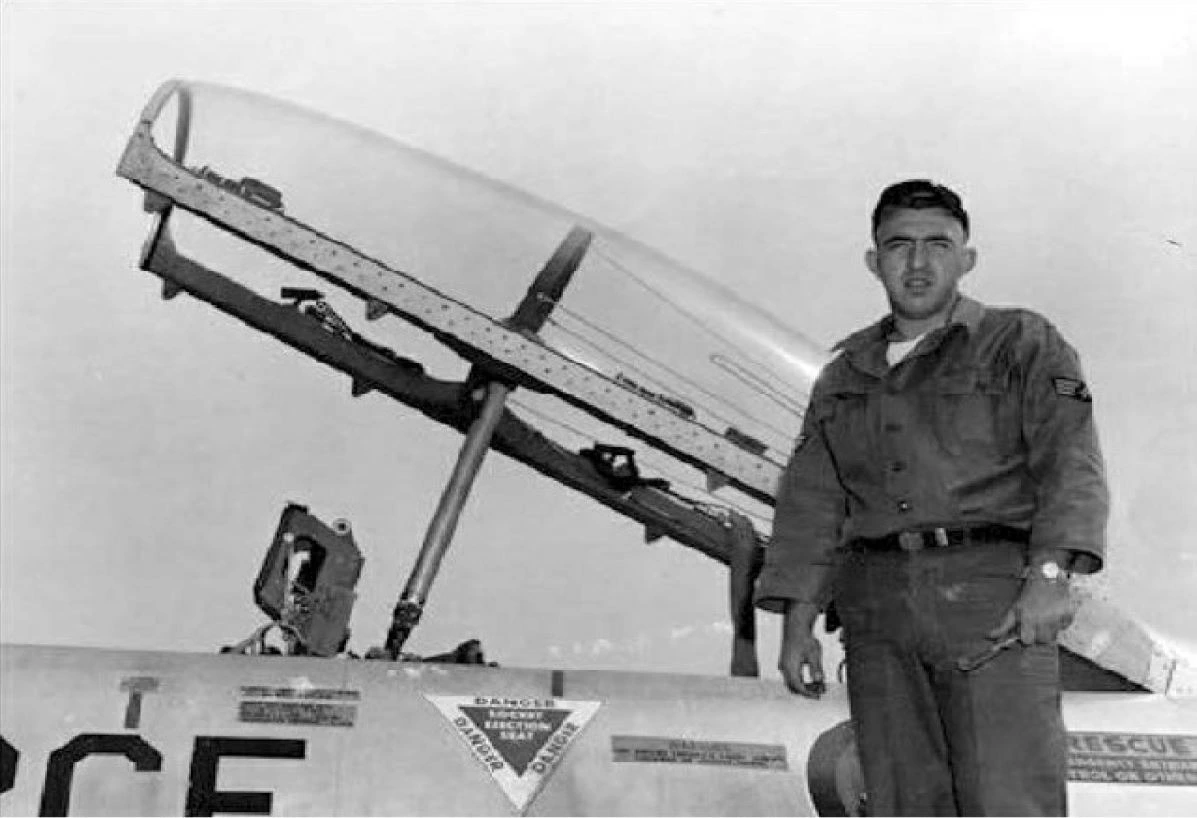 James L. Meng in U.S. Air Force uniform, standing beside a jet aircraft during his service with the Missouri Air National Guard